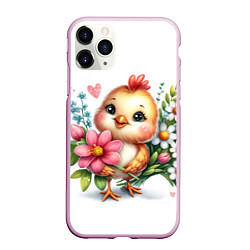 Чехол iPhone 11 Pro матовый Мультяшный цыпленок с цветами