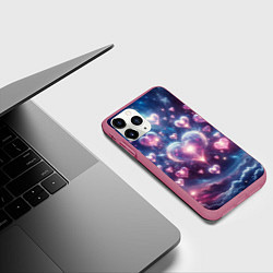 Чехол iPhone 11 Pro матовый Космические сердца - звезды, цвет: 3D-малиновый — фото 2