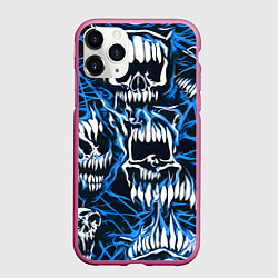 Чехол iPhone 11 Pro матовый Белые зубы и синие линии, цвет: 3D-малиновый