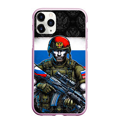 Чехол iPhone 11 Pro матовый Русский солдат на фоне флага, цвет: 3D-розовый
