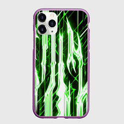 Чехол iPhone 11 Pro матовый Зелёные неоновые полосы на чёрном фоне, цвет: 3D-фиолетовый