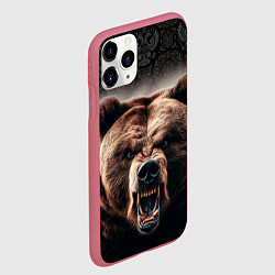 Чехол iPhone 11 Pro матовый Агрессивный медведь на фоне флага России, цвет: 3D-малиновый — фото 2