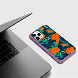 Чехол iPhone 11 Pro матовый Паттерн с оранжевыми цветами, цвет: 3D-фиолетовый — фото 2