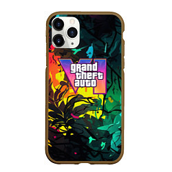 Чехол iPhone 11 Pro матовый GTA 6 logo абстрактные листья