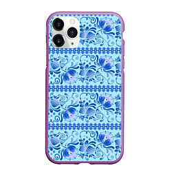 Чехол iPhone 11 Pro матовый Паттерн гжель узоры и цветы, цвет: 3D-фиолетовый