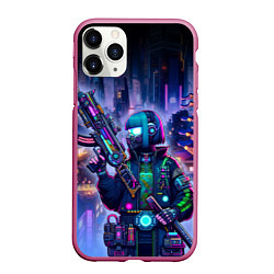 Чехол iPhone 11 Pro матовый Неоновый город - Киберпанк, цвет: 3D-малиновый