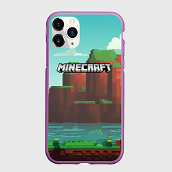 Чехол iPhone 11 Pro матовый Minecraft logo горы и озеро, цвет: 3D-фиолетовый
