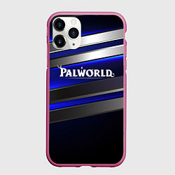 Чехол iPhone 11 Pro матовый Palworld logo синие и серебристые полосы, цвет: 3D-малиновый