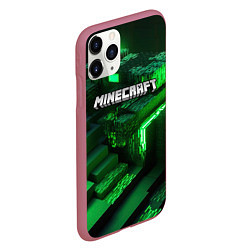 Чехол iPhone 11 Pro матовый Minecraft logo зеленые неоновые кубы, цвет: 3D-малиновый — фото 2