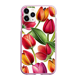 Чехол iPhone 11 Pro матовый Паттерн с тюльпанами, цвет: 3D-розовый