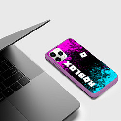 Чехол iPhone 11 Pro матовый Роблокс - неоновые брызги, цвет: 3D-фиолетовый — фото 2