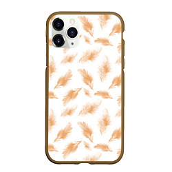 Чехол iPhone 11 Pro матовый Бежевые перья на белом фоне, цвет: 3D-коричневый