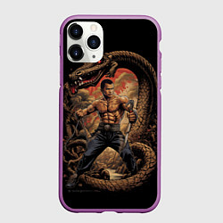 Чехол iPhone 11 Pro матовый Боец Муай-тай и огромный дракон, цвет: 3D-фиолетовый