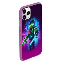 Чехол iPhone 11 Pro матовый Cyberpunk and Minecraft - collaboration ai art, цвет: 3D-фиолетовый — фото 2