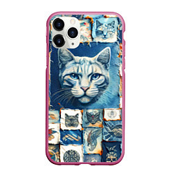 Чехол iPhone 11 Pro матовый Кошка на дениме - пэчворк, цвет: 3D-малиновый