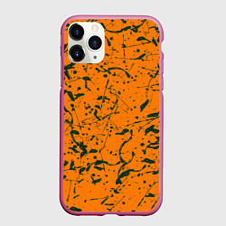 Чехол iPhone 11 Pro матовый Оранжевый с брызгами зеленой краски, цвет: 3D-малиновый