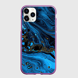 Чехол iPhone 11 Pro матовый Черные и синие сияющие волны, цвет: 3D-фиолетовый