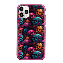Чехол iPhone 11 Pro матовый Поле яркий черепов и цветов, цвет: 3D-малиновый