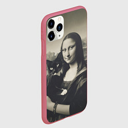 Чехол iPhone 11 Pro матовый Мона Лиза держит кота в черно белом цвете, цвет: 3D-малиновый — фото 2