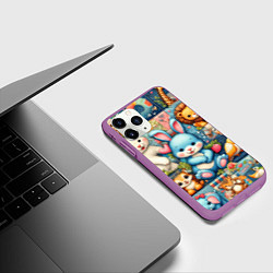 Чехол iPhone 11 Pro матовый Funny hare and his friends - patchwork, цвет: 3D-фиолетовый — фото 2