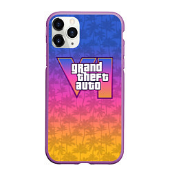 Чехол iPhone 11 Pro матовый GTA 6 - пальмы и логотип, цвет: 3D-фиолетовый