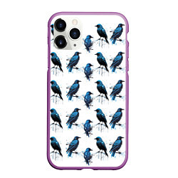 Чехол iPhone 11 Pro матовый Чёрно-синие вороны и капли краски, цвет: 3D-фиолетовый