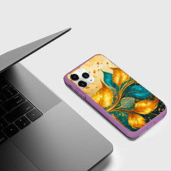 Чехол iPhone 11 Pro матовый Листья абстрактные золото и бирюза, цвет: 3D-фиолетовый — фото 2