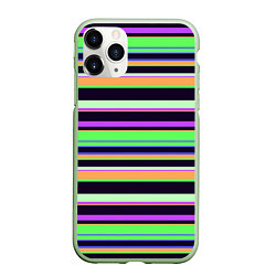 Чехол iPhone 11 Pro матовый Зелёно-фиолетовый полосатый