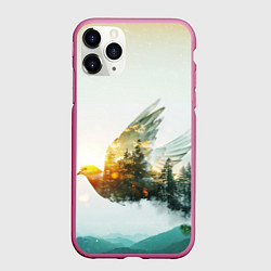 Чехол iPhone 11 Pro матовый Летящий голубь и лес эффект двойной экспозиции, цвет: 3D-малиновый