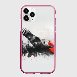 Чехол iPhone 11 Pro матовый Летающий ворон и город, цвет: 3D-малиновый