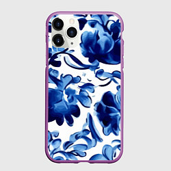 Чехол iPhone 11 Pro матовый Гжель акварель, цвет: 3D-фиолетовый