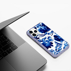 Чехол iPhone 11 Pro матовый Гжель акварель, цвет: 3D-светло-сиреневый — фото 2