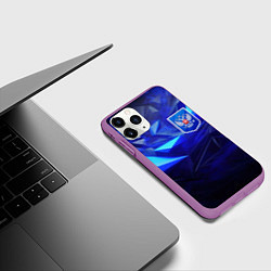 Чехол iPhone 11 Pro матовый Герб России на синей абстракции, цвет: 3D-фиолетовый — фото 2