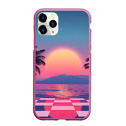 Чехол iPhone 11 Pro матовый Пальмы на шахматном полу с видом на закат, цвет: 3D-малиновый