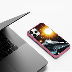Чехол iPhone 11 Pro матовый Космолёт в неоновом космосе - нейросеть, цвет: 3D-малиновый — фото 2