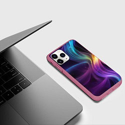 Чехол iPhone 11 Pro матовый Радужные неоновые волны и разводы на черном фоне, цвет: 3D-малиновый — фото 2