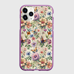 Чехол iPhone 11 Pro матовый Летний узор с цветами и бабочками, цвет: 3D-фиолетовый