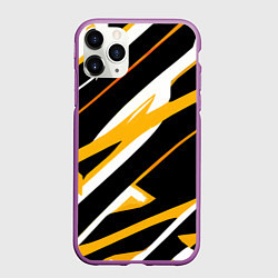 Чехол iPhone 11 Pro матовый Жёлто-белые полосы и чёрный фон, цвет: 3D-фиолетовый