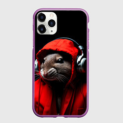 Чехол iPhone 11 Pro матовый Крыса диджей в наушниках и капюшоне, цвет: 3D-фиолетовый