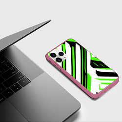 Чехол iPhone 11 Pro матовый Чёрно-зелёные полосы на белом фоне, цвет: 3D-малиновый — фото 2
