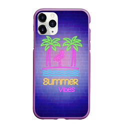 Чехол iPhone 11 Pro матовый Неоновые пальмы и фламинго summer vibes