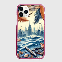 Чехол iPhone 11 Pro матовый Коллаж с видом Нью-Йорка - нейросеть, цвет: 3D-малиновый