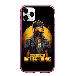 Чехол iPhone 11 Pro матовый PUBG игрок на закате черный фон, цвет: 3D-малиновый