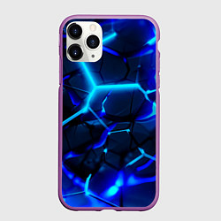 Чехол iPhone 11 Pro матовый Яркие голубые неоновые плиты в разломе, цвет: 3D-фиолетовый