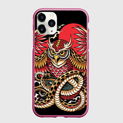 Чехол iPhone 11 Pro матовый Сова со змеёй в японском стиле, цвет: 3D-малиновый
