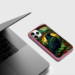 Чехол iPhone 11 Pro матовый Скандинавский ворон лесной узор, цвет: 3D-малиновый — фото 2