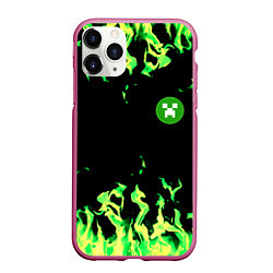 Чехол iPhone 11 Pro матовый Minecraft green flame, цвет: 3D-малиновый