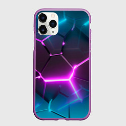 Чехол iPhone 11 Pro матовый Голубые и розовые неоновые плиты в разломе, цвет: 3D-фиолетовый