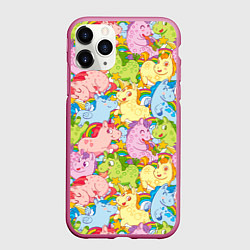 Чехол iPhone 11 Pro матовый Разноцветные единороги, цвет: 3D-малиновый