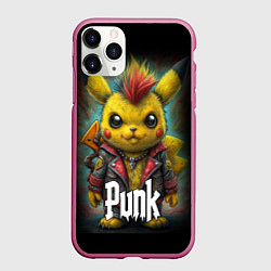 Чехол iPhone 11 Pro матовый Панк Пикачу в косухе, цвет: 3D-малиновый
